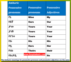 In Amharic possessive pronouns and possessive adjectives are the same
