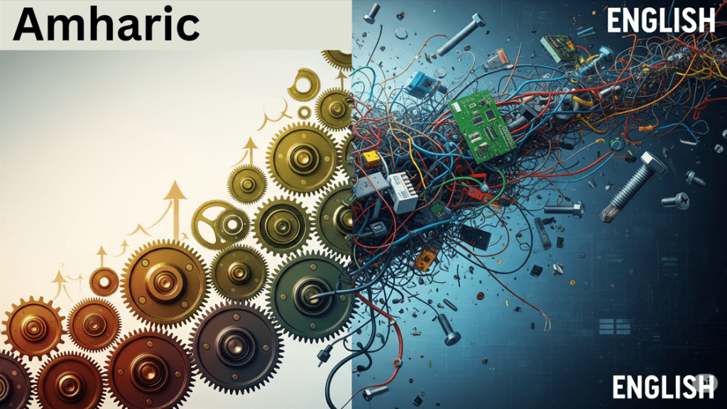 A contrasting illustration of two language systems. One side shows an organized, structured network of gears representing a logical language, while the other side depicts a chaotic tangle of wires and circuits representing a complex language with many exceptions.