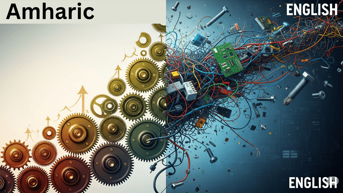 A contrasting illustration of two language systems. One side shows an organized, structured network of gears representing a logical language, while the other side depicts a chaotic tangle of wires and circuits representing a complex language with many exceptions.